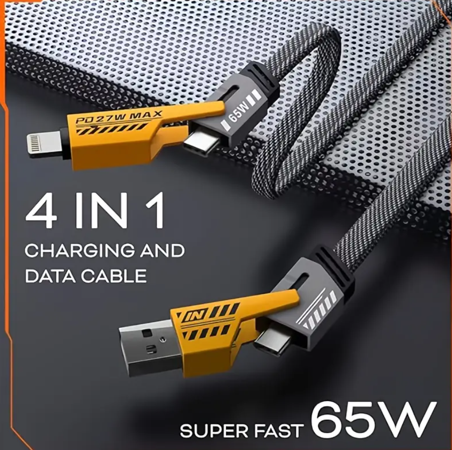 4-in-1 Fast Charging Cable, Two Dragging Two Charging Cables with USB-A/Type-C/Lightning